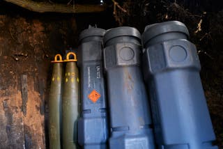 155 mm artillery shells and modular artillery charges are stored in an underground bunker near Pokrovsk